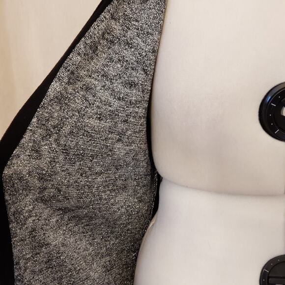 Chicos Black Silver Metallic Brocade Wool Blend Open Front Midi Cardigan SZ 2(L) - Picture 6 of 9